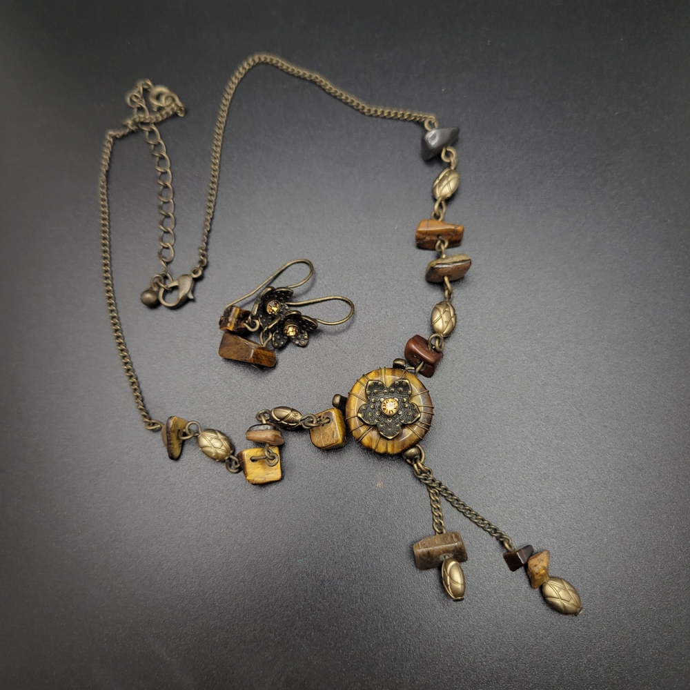 Boho Tiger Eye Accent Necklace and Earrings Set - Brown